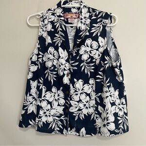 Caribbean Joe Navy & White Floral Sleeveless Button-Front Top~ Size XL~Tropical